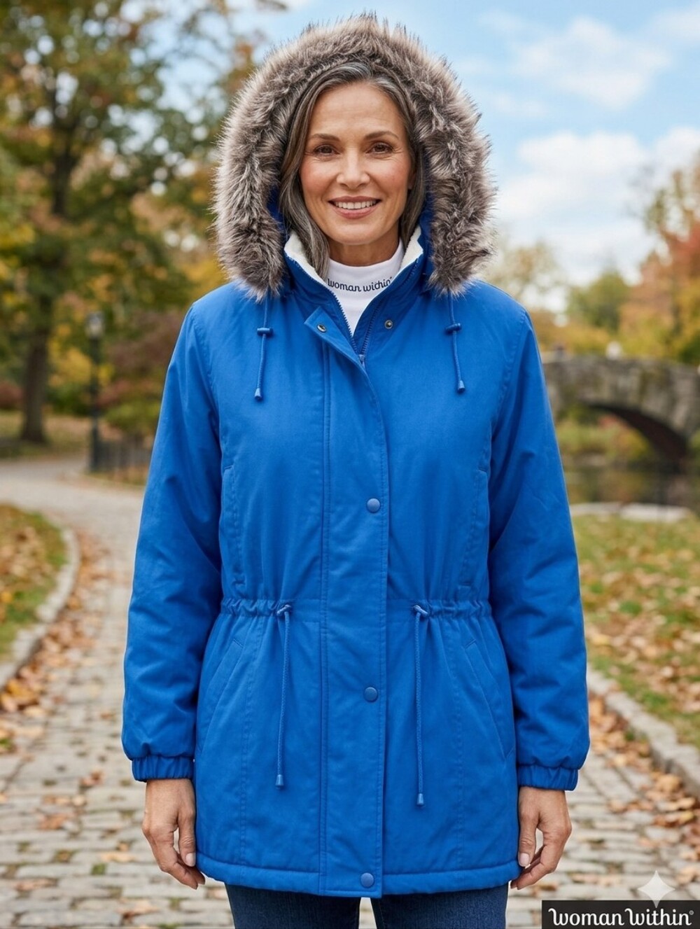 Woman Within Royal Blue Hooded Puffer Coat with Faux Fur Trim